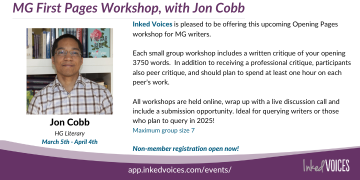 InkedVoices's tweet image. We still have a couple of spots open in this upcoming workshop with agent, Jon Cobb @HGLiterary A fantastic opportunity for querying writer's or those looking for some sharp market and editorial feedback on their opening pages! app.inkedvoices.com/event/workshop…