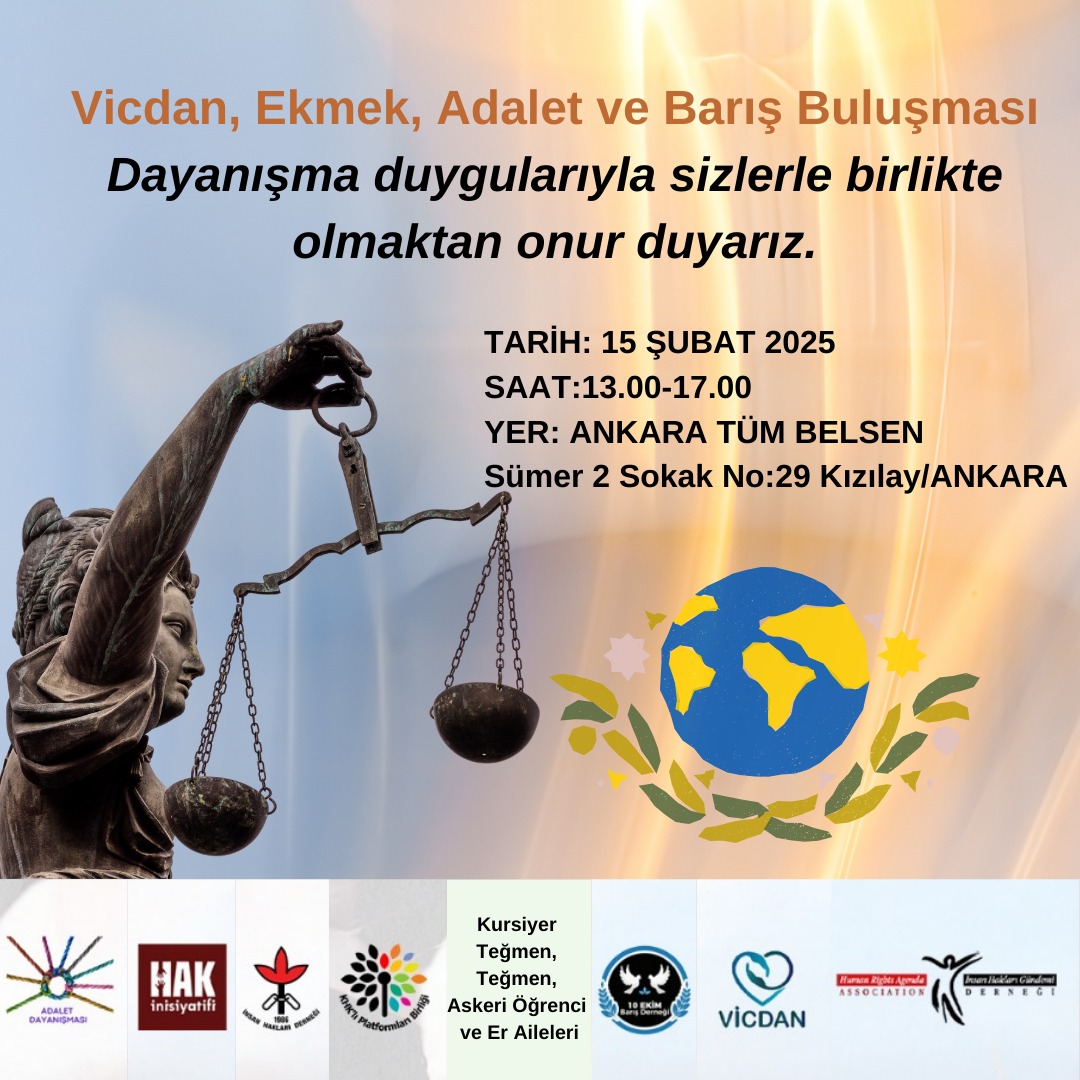 #KHKlarGidecek
Sen ,ben,onlar yok artık.
Hepimiz adaletsizlik girdabında yol almaya çalışan hak mağdurlarıyız.

Hiç olmadığı kadar bugün, adalete, vicdana,barışa ve dayanışmaya muhtacız.

15 Şubat'ta Saat 15.00/17.00 arası Ankara TÜM BELSEN 👇