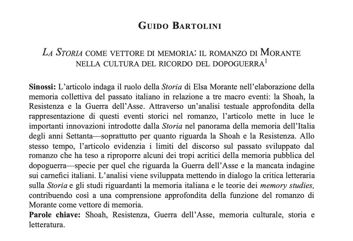 Guido Bartolini (@guido_bartolini) on Twitter photo Sharing some of my recent work on the cultural memory of Fascism:
In the article “La Storia come vettore di memoria”, published in Annali d’Italianistica, I reassess the role of Morante's masterpiece in Italian memory culture
academia.edu/127175159/La_S…
<a href="/A_d_italian/">Annali d'italianistica</a> Sharing some of my recent work on the cultural memory of Fascism:
In the article “La Storia come vettore di memoria”, published in Annali d’Italianistica, I reassess the role of Morante's masterpiece in Italian memory culture
academia.edu/127175159/La_S…
<a href="/A_d_italian/">Annali d'italianistica</a>