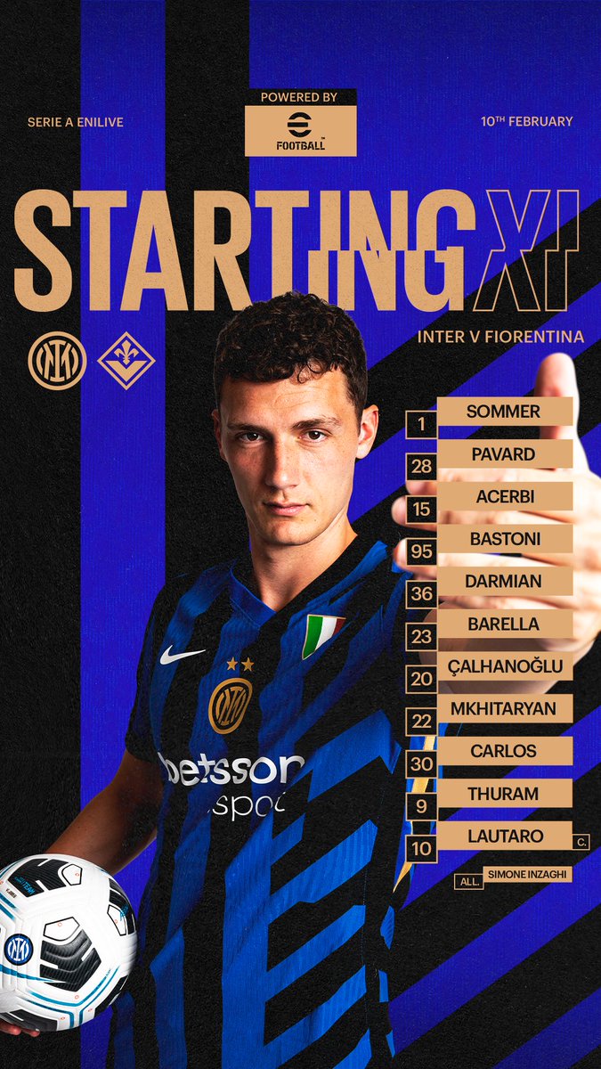 InterClub1908's tweet image. #INTER (3-5-2): 1 Sommer; 28 Pavard, 15 Acerbi, 95 Bastoni; 36  Darmian, 23 Barella, 20 Calhanoglu, 22 Mkhitaryan, 30 Carlos Augusto; 9  Thuram, 10 Lautaro. All.:Inzaghi
Formazione ufficiale @Inter di #InterFiorentina @SerieA
#SerieAEnilive
SEMPRE #FORZAINTER #AMALA!
💪🏻⚫🔵🖤💙🐍