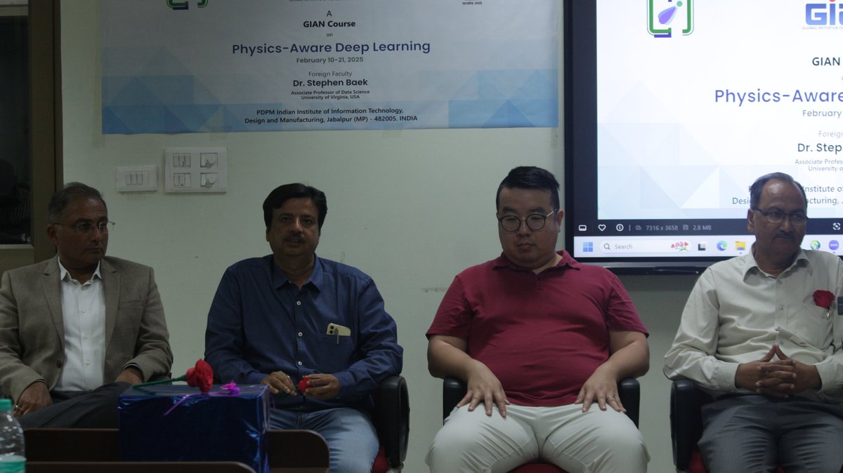 iiitdmjbp's tweet photo. 🚀 IIITDM Jabalpur kicks off the GIAN Course on Physics-Aware Deep Learning (Feb 10-21, 2025) with Dr. Stephen Baek (Univ. of Virginia, USA).

Bridging AI &amp; Physics with PINNs, Koopman Theory &amp; PyTorch for real-world impact! 🌍🔬
#AI #DeepLearning #GIAN #PhysicsAwareAI #IIITDMJ https://t.co/mMrJYt1o3h