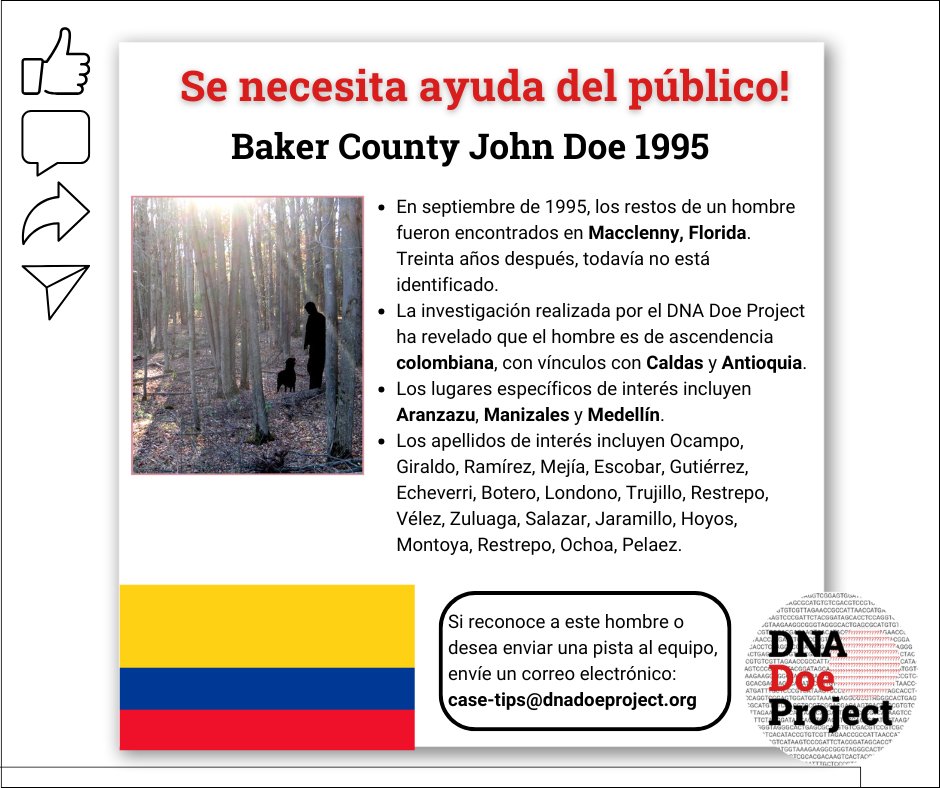 El equipo de investigadores de genealogía genética  dedicados de DNA Doe Project ha determinado que John Doe 1995 del condado de Baker tiene ascendencia de Colombia, de las regiones de Caldas y Antioquia. Puede encontrar más información aquí: dnadoeproject.org/case/baker-co-….