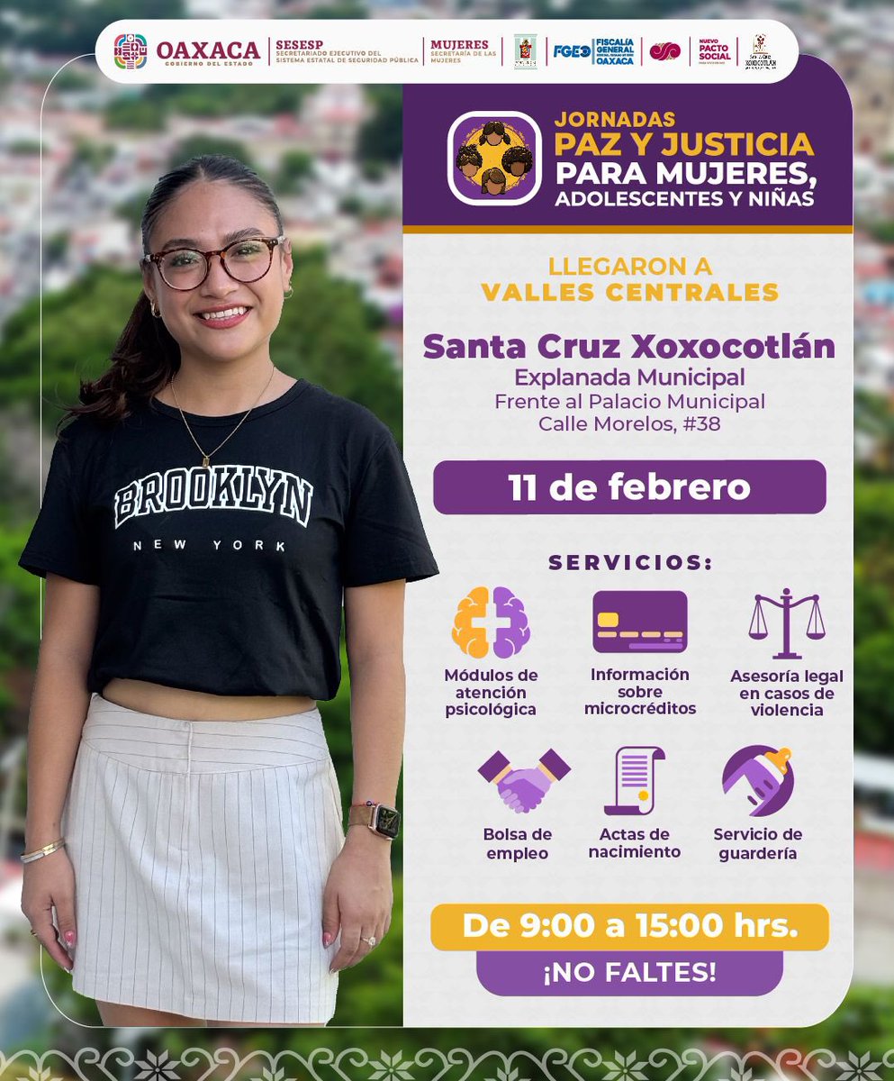 Las Jornadas de Paz y Justicia llegarán a Santa Cruz Xoxocotlán para brindar información a mujeres, adolescentes y niñas para la prevención de la violencia de género.👧🏻👩🏻💜

A través de nuestro stand, podrás conocer los servicios de orientación que tenemos para ti. ¡Te esperamos!