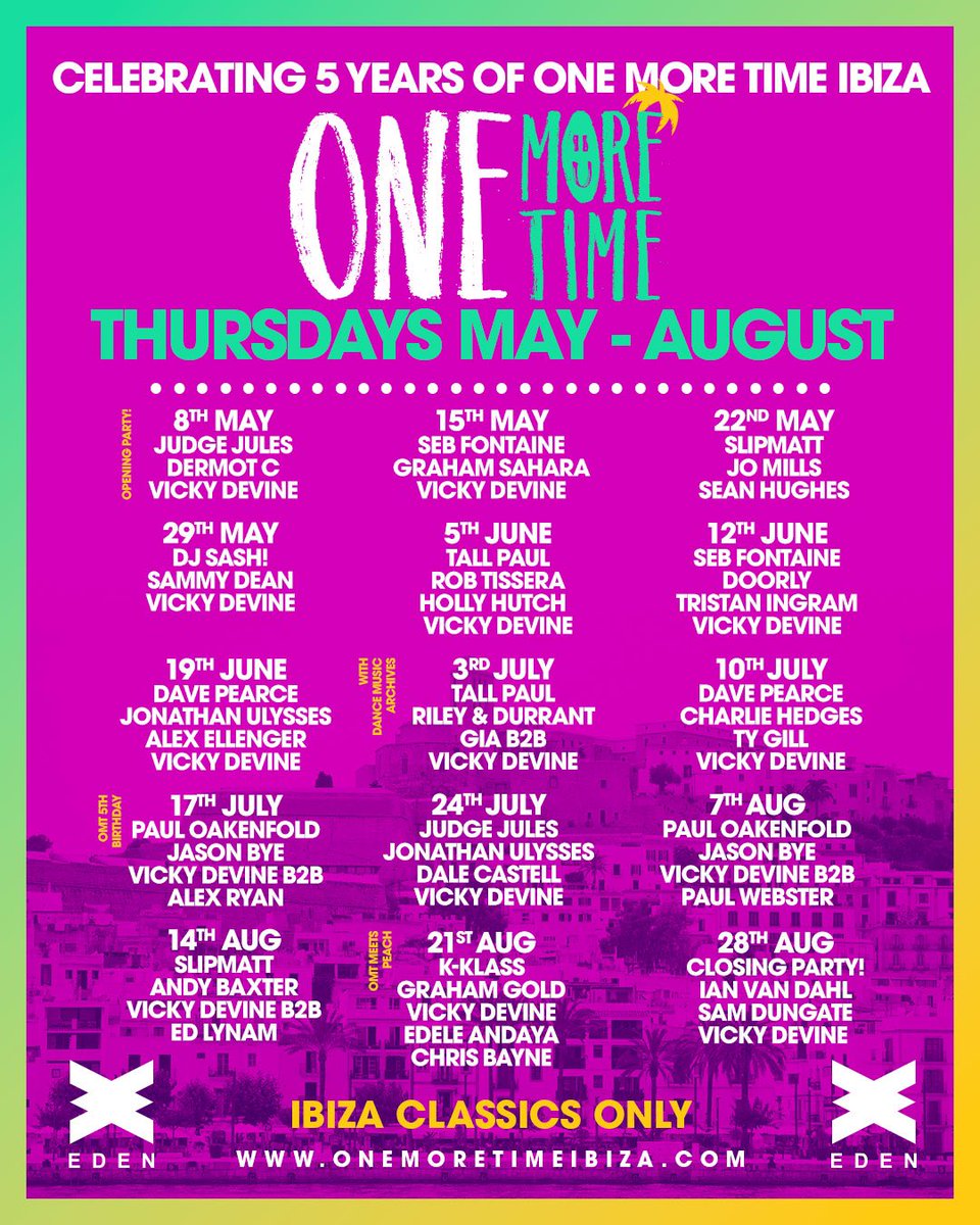Ibiza classics all summer long! 🎶 

One More Time take over Eden Ibiza on THURSDAYS from May 8th to August 28th 🌅 

🎟️ ALL TICKETS include a FREE drink!🍹

Tickets &amp; VIP on sale now edenibiza.com/one-more-time-… 📲

#ibiza #edenibiza #ibiza2025 #onemoretimeibiza
