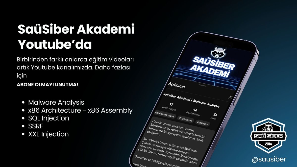 Uzun bir aradan sonra merhaba! 🚀

SAÜSİBER  olarak bir adım daha atıyoruz! Siber güvenlik eğitim videolarımız yayında! Temel seviyeden ileri seviyeye kapsamlı içerikler sizleri bekliyor. Hemen göz atın &amp; abone olmayı unutmayın! 

📌youtube.com/@sausiber