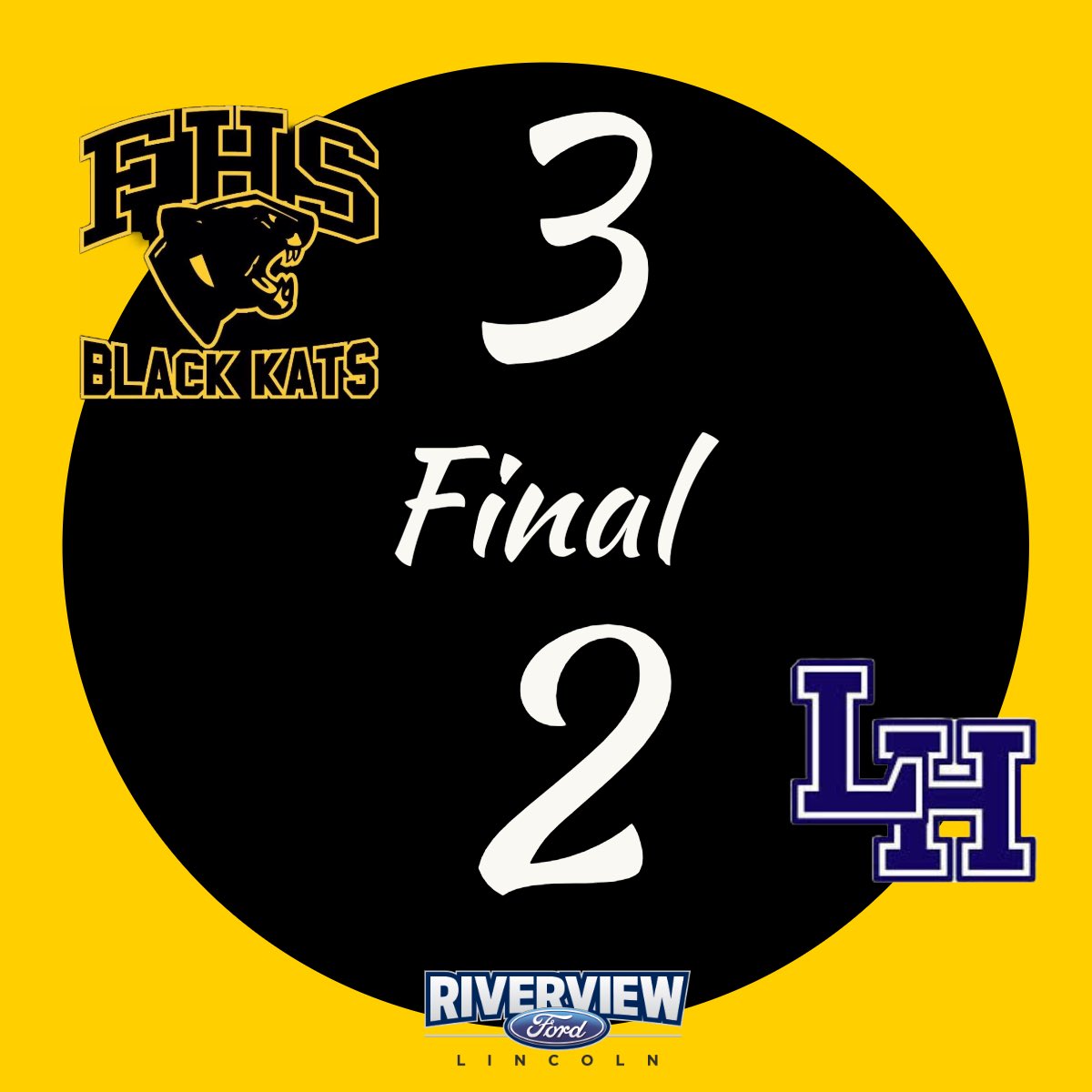 🚨Black Kats Win🚨

In the final regular season game of the 24-25 season, your FHS Riverview Ford Black Kats pull off a 3-2 victory. This sets up a battle of the bridge in Round 1 of the playoffs. Schedule will be released once it is finalized.