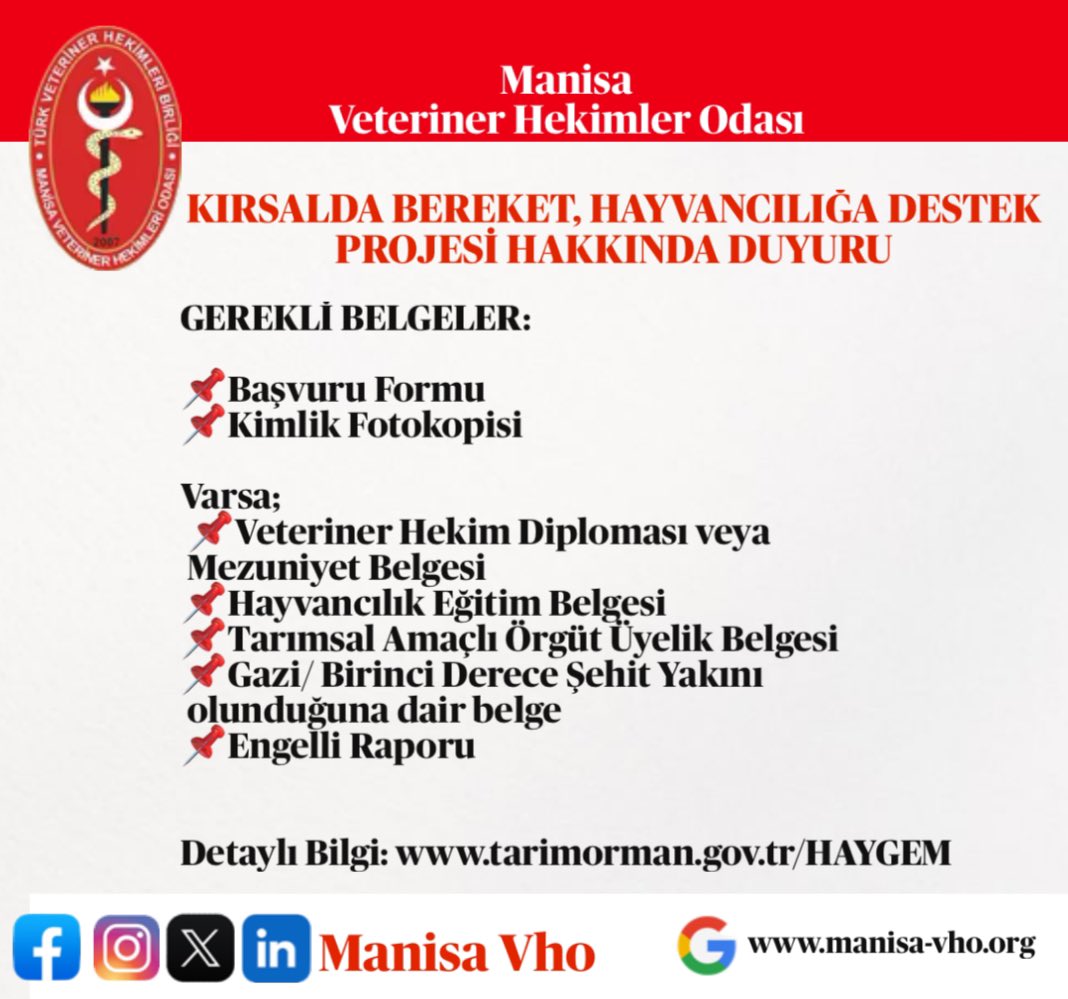 Kırsalda Bereket, Hayvancılığa Destek Projesi kapsamında başvuru yapmak isteyen Meslektaşlarımıza önemle duyurulur.