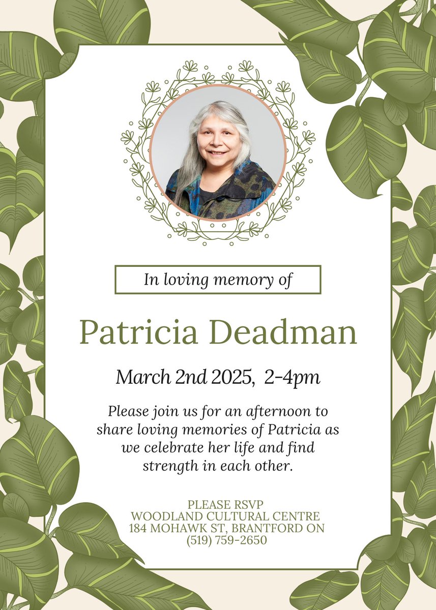 woodlandcc's tweet photo. Join us at the Woodland Cultural Centre on March 2nd, 2-4pm to celebrate Patricia Deadman’s legacy of creativity, kindness, &amp; dedication. Artwork on display, tea, coffee, &amp; sandwiches as we share memories of this incredible person. https://t.co/dNHWcOGoTK