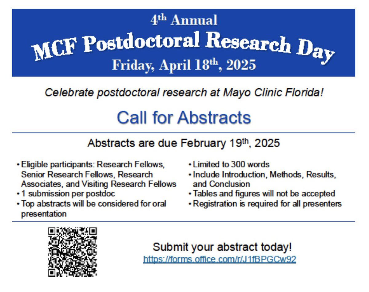 Paola SuĆ”rez Meade, MD (@paosmeade) on Twitter photo <a href="/MayoMrfa/">Mayo Research Fellowsā Association (MRFA)</a> Florida Postdocs, donāt forget to submit your work for the 2025 Postdoctoral Research Day!
Abstracts due on February 19th!
<a href="/emilynorton295/">Emily Norton</a> <a href="/DoctorQMd/">Dr. Alfredo QuiƱones-Hinojosa</a> <a href="/MayoClinic/">Mayo Clinic</a> <a href="/MayoMrfa/">Mayo Research Fellowsā Association (MRFA)</a> Florida Postdocs, donāt forget to submit your work for the 2025 Postdoctoral Research Day!
Abstracts due on February 19th!
<a href="/emilynorton295/">Emily Norton</a> <a href="/DoctorQMd/">Dr. Alfredo QuiƱones-Hinojosa</a> <a href="/MayoClinic/">Mayo Clinic</a>