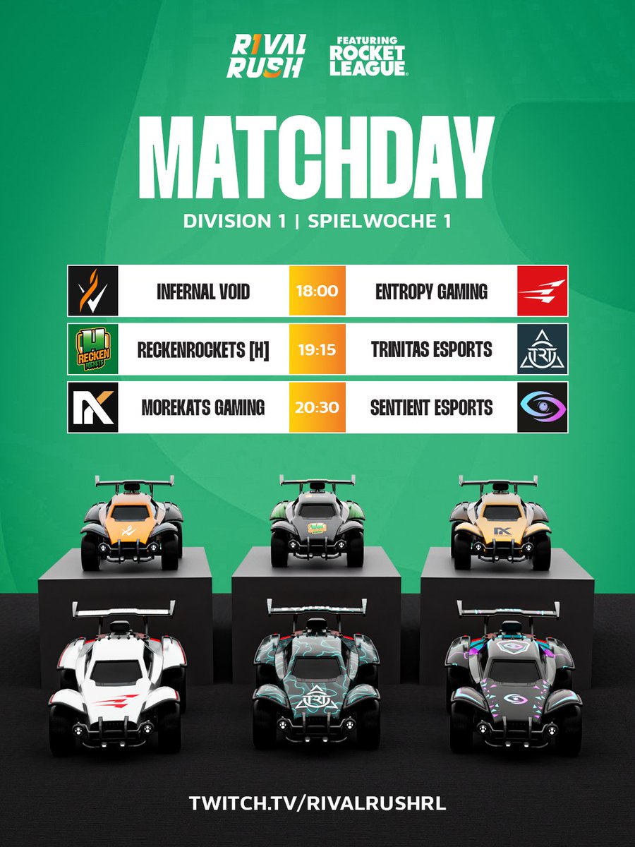 Rival Rush (@rivalrushrl) on Twitter photo Auf geht's in den zweiten Split 😍😍
18:00 <a href="/InfernalVoid_IV/">Infernal Void</a> vs <a href="/EntropyGaming/">Entropy</a>
19:15 <a href="/reckenrockets_h/">DIE RECKEN</a> vs <a href="/TrinitasEsports/">Trinitas Esports</a>
20:30 <a href="/Morekats/">Morekats Gaming</a> vs <a href="/SentientEsport/">Sentient Esports</a>
📺 twitch.tv/rivalrushrl Auf geht's in den zweiten Split 😍😍
18:00 <a href="/InfernalVoid_IV/">Infernal Void</a> vs <a href="/EntropyGaming/">Entropy</a>
19:15 <a href="/reckenrockets_h/">DIE RECKEN</a> vs <a href="/TrinitasEsports/">Trinitas Esports</a>
20:30 <a href="/Morekats/">Morekats Gaming</a> vs <a href="/SentientEsport/">Sentient Esports</a>
📺 twitch.tv/rivalrushrl