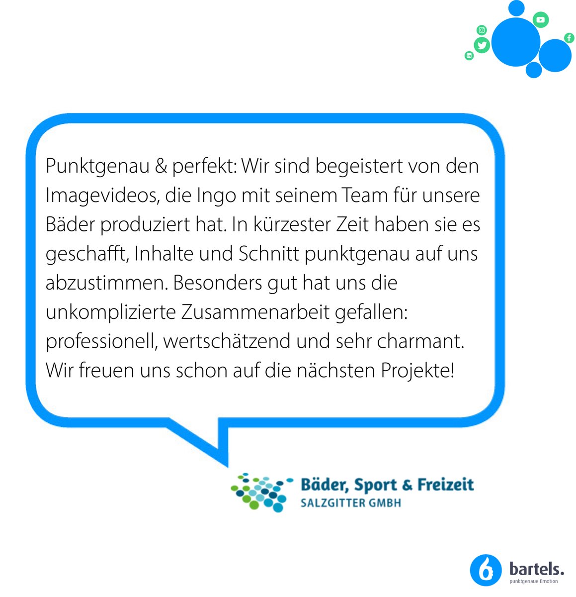 bartelspunkt's tweet photo. Was sagt eigentlich unsere Kundschaft über uns? 💬 Für die Bäder, Sport und Freizeit Salzgitter GmbH haben wir eine Social Media Strategie samt Workshop erstellt. #bartelspunkt #kundenstimmen #socialmediaagentur #socialmediaexperte #socialmediamarketing #socialmediastrategie https://t.co/uyiVH7y3FU