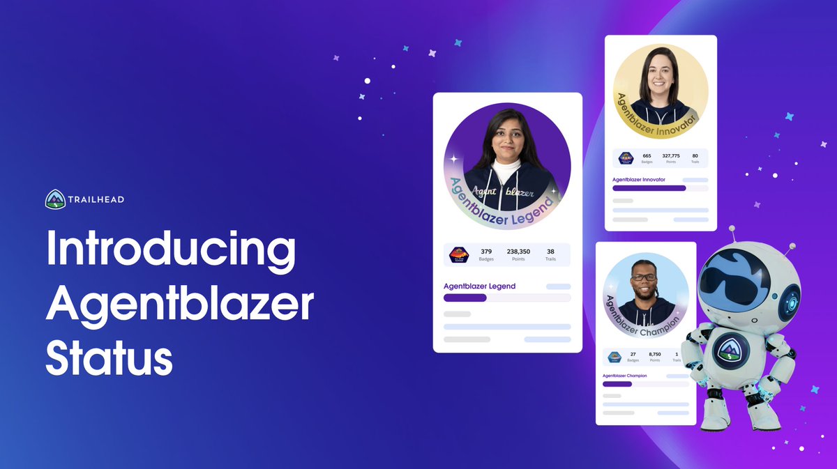 An Agentblazer has the vision and skills to leverage the power of Agentforce, transforming how work gets done. 🦾

Highlight your Agentblazer Status with 3 new levels: 
1️⃣ Champion - available today
2️⃣ Innovator
3️⃣ Legend
 
Become an Agentblazer: sforce.co/3WWvlXP