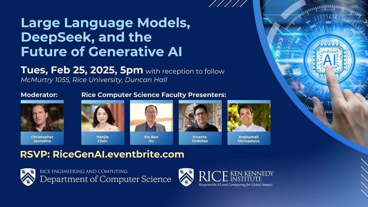 Rice Computer Science (@ricecompsci) on Twitter photo How do LLMs work? What is it about the recently-announced DeepSeek technology that has changed the way people think about building large AI models? Join us for the answers to these questions and more.
Co-sponsored by Rice CS & <a href="/ricekenkennedy/">The Ken Kennedy Institute</a>.
RSVP: RiceGenAI.eventbrite.com How do LLMs work? What is it about the recently-announced DeepSeek technology that has changed the way people think about building large AI models? Join us for the answers to these questions and more.
Co-sponsored by Rice CS & <a href="/ricekenkennedy/">The Ken Kennedy Institute</a>.
RSVP: RiceGenAI.eventbrite.com