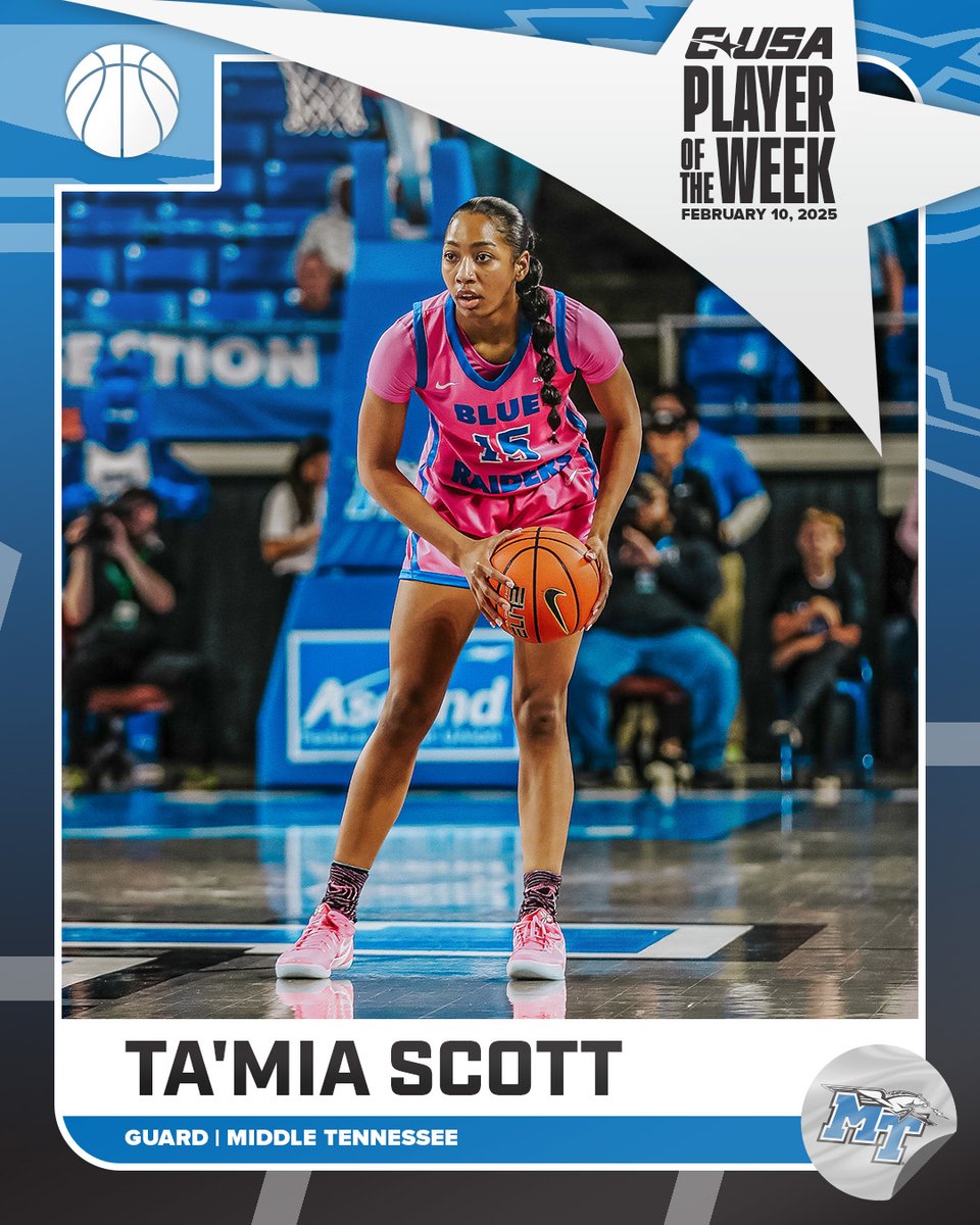Conference USA (@conferenceusa) on Twitter photo ๐ WBB PLAYER OF THE WEEK ๐
๐
2โฃ Ta'Mia Scott, <a href="/MT_WBB/">Middle Tennessee Women's Basketball</a>
#NoLimitsOnUs | bit.ly/418PgFd ๐ WBB PLAYER OF THE WEEK ๐
๐
2โฃ Ta'Mia Scott, <a href="/MT_WBB/">Middle Tennessee Women's Basketball</a>
#NoLimitsOnUs | bit.ly/418PgFd