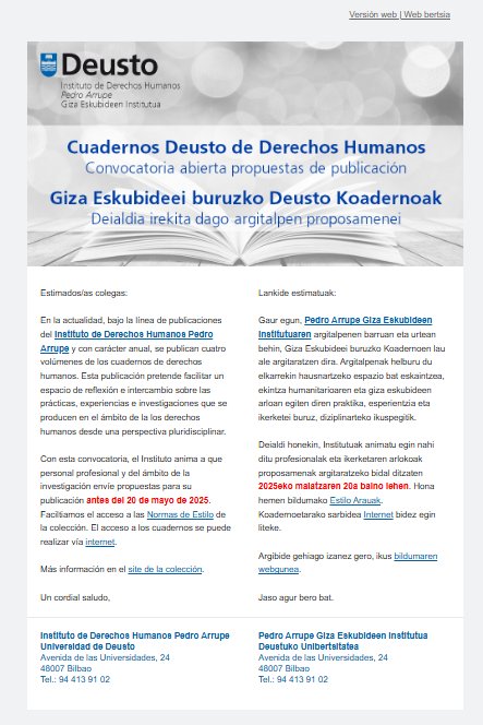 Abierto el plazo de convocatoria para enviar propuestas para la Colección Cuadernos Deusto de Derechos Humanos. Aquí el email cuadernos.derechoshumanos@deusto.es