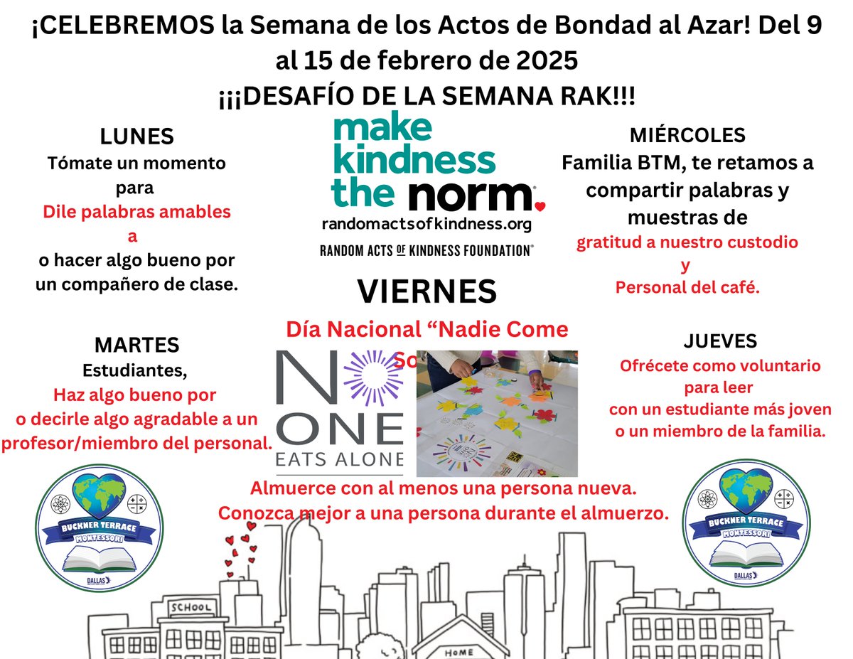 Buckner Terrace Montessori (Formerly Edna Rowe ES) (@montessoribt) on Twitter photo LET'S CELEBRATE
It's Random Acts of Kindness Week! February 9-15, 2025
RAK WEEK CHALLENGE!!!
@DISDREO
<a href="/TransformDISD/">Dallas ISD OTI Public School Choice</a>
<a href="/CounselingDISD/">Dallas ISD Counseling Services</a>
<a href="/RAKFoundation/">RAK Foundation</a> LET'S CELEBRATE
It's Random Acts of Kindness Week! February 9-15, 2025
RAK WEEK CHALLENGE!!!
@DISDREO
<a href="/TransformDISD/">Dallas ISD OTI Public School Choice</a>
<a href="/CounselingDISD/">Dallas ISD Counseling Services</a>
<a href="/RAKFoundation/">RAK Foundation</a>