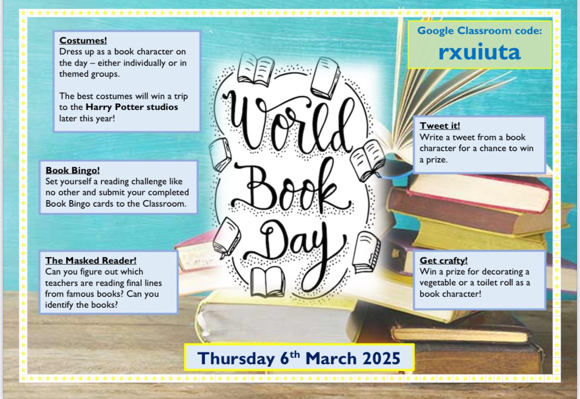 Get yourselves into the World Book Day Google classroom (code rxuiuta) to get a head start on the competitions!