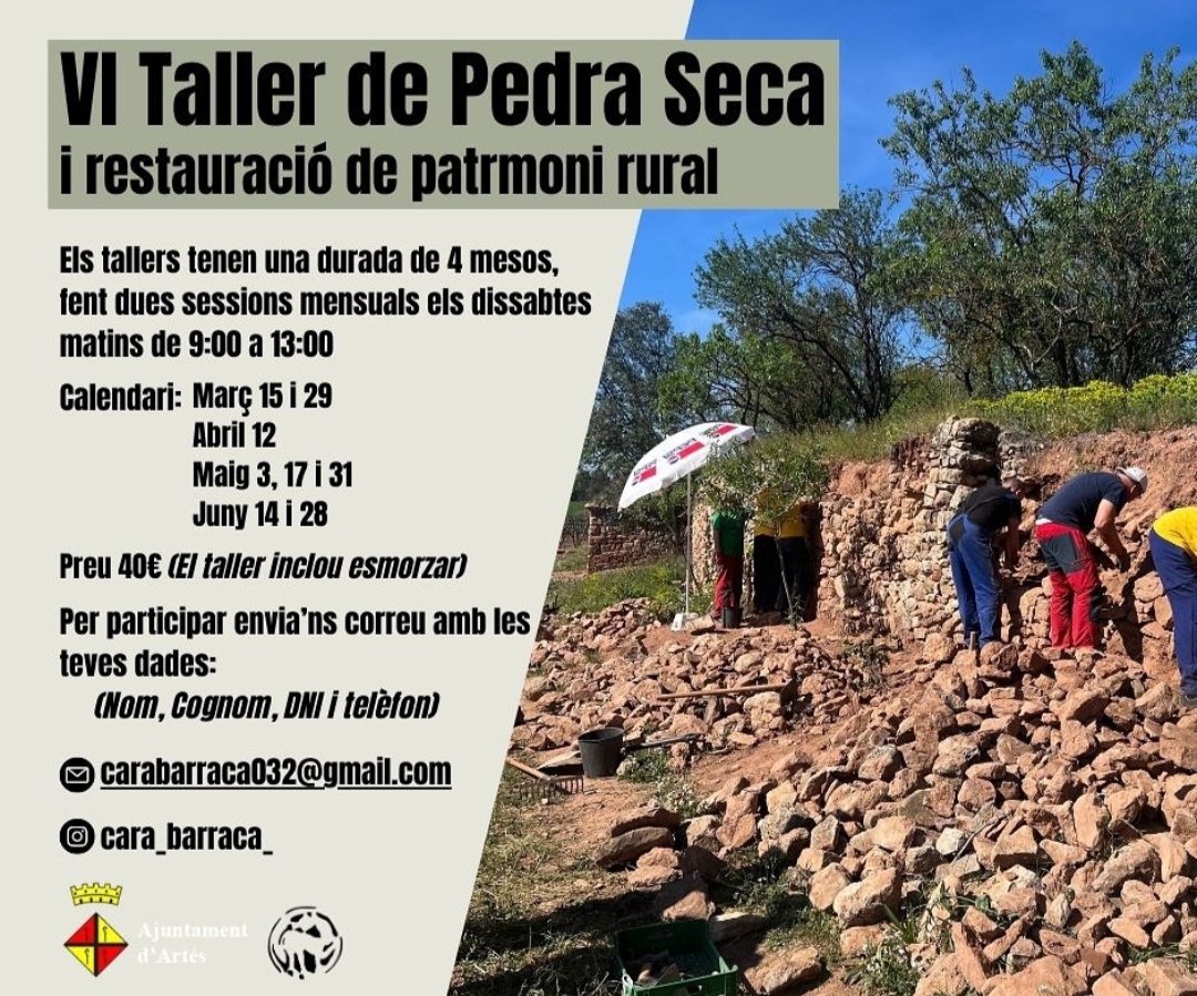 Museu de la Història d'Artés (@museuartes) on Twitter photo Ja tenim aquí les inscripcions pel VI Taller de Pedra Seca d'Artés, a càrrec del grup de restauració de patrimoni rural artesenc Carabarraca.
<a href="/MuseuArtes/">Museu de la Història d'Artés</a> <a href="/AjuntamentArtes/">Ajuntament d'Artés</a> Ja tenim aquí les inscripcions pel VI Taller de Pedra Seca d'Artés, a càrrec del grup de restauració de patrimoni rural artesenc Carabarraca.
<a href="/MuseuArtes/">Museu de la Història d'Artés</a> <a href="/AjuntamentArtes/">Ajuntament d'Artés</a>