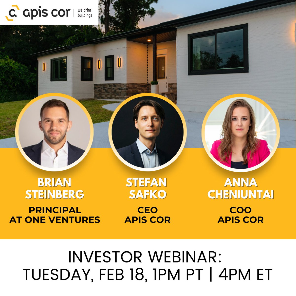 🚨 Investor Webinar with special guest is taking place in just a week 🚨 

You'll get to hear from not only Apis Cor's leaders but also one of our key investors: At One Ventures!

RSVP at: us02web.zoom.us/webinar/regist…

See ou there!
#3Dprinting #construction #constructioninnovation
