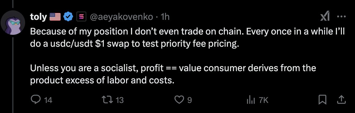 portport255's tweet photo. I don't even want to make fun of Toly because I just feel bad at this point. I can't imagine being this negative on crypto:

1. Toly is bearish on new apps: "There are like only 6 major smart contracts that matter."

2. Toly is bearish on new blockchain architecture: "There are no 10x improvements left in crypto".

3. Today, Toly says he doesn't even trade on Solana. (https://t.co/NjgZ3OphMz)

4. Even worse, he follows it up by saying he's not the target user for his own blockchain (there's no defending this).

Someone needs to reignite some fire in him. Maybe full FD mainnet will bring him joy. To my Solana friends building exciting new things in ZK, MPC, and beyond, please share your cool projects with him.

Toly: if you come visit Austin TX I'll take you to some good bbq.