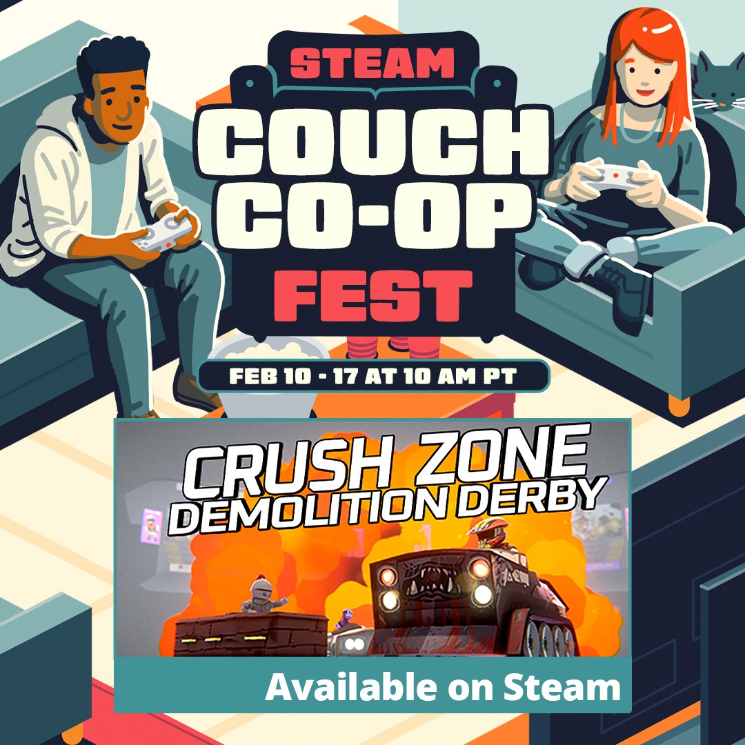 🚨 Crush Zone: Demolition Derby is part of Steam Couch Co-Op Fest! 🚨
Smash, crash, and wreck through split-screen battles or online mayhem via Remote Play!
Now with fresh improvements to the demo—so grab a friend, and let the fun begin! #SteamCouchCoOpFest #CrushZone