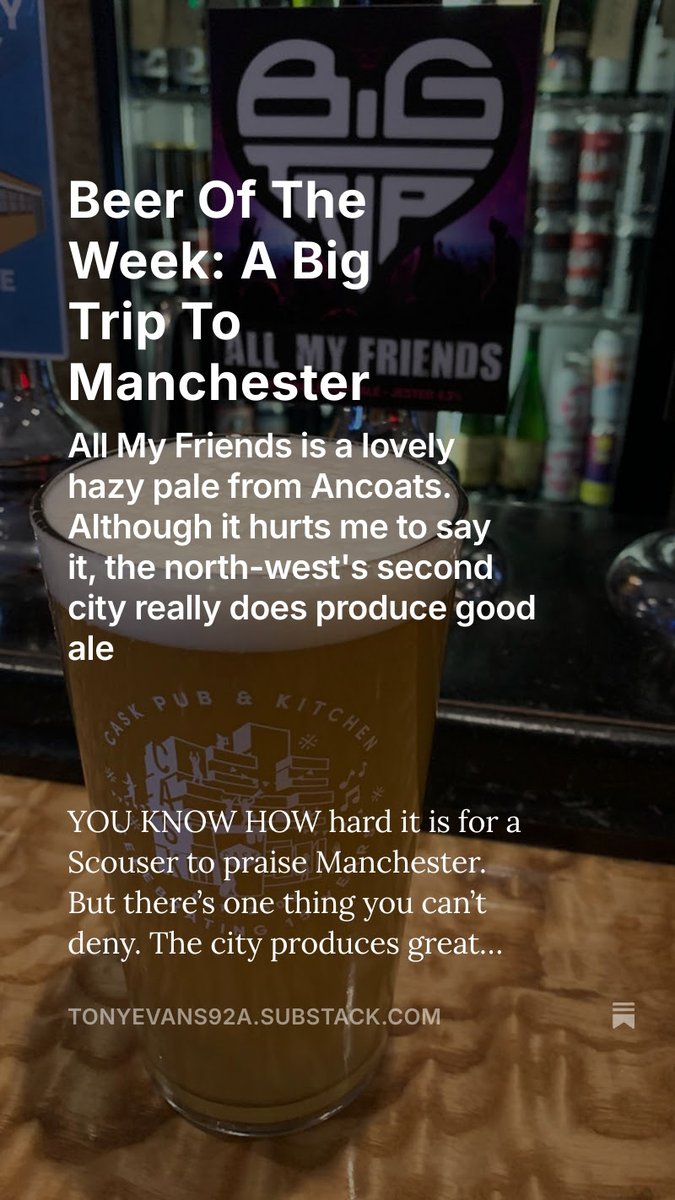 Tony Evans (@tonyevans92a) on Twitter photo Yes, beers of the week time. Big Trip's All My Friends went down very well and look for Bohemian Lager by <a href="/TeamUtopian/">UtopianBrewing @teamutopian.bsky.social</a> in the supermarket open.substack.com/pub/tonyevans9… Yes, beers of the week time. Big Trip's All My Friends went down very well and look for Bohemian Lager by <a href="/TeamUtopian/">UtopianBrewing @teamutopian.bsky.social</a> in the supermarket open.substack.com/pub/tonyevans9…
