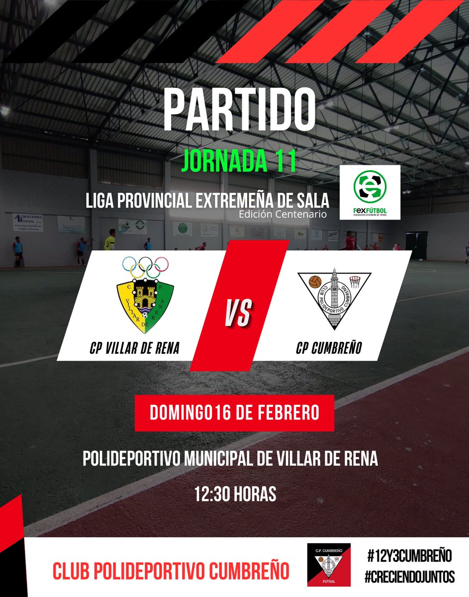 Partido!! 🖤❤️

Jornada 11. Liga Provincial Extremeña de Sala.

CP Villar de Rena VS CP Cumbreño

📅 Domingo 16 de Febrero

🕗 12:30 horas.

🏟️ Polideportivo Municipal de Villar de Rena 

#12y3Cumbreño #CreciendoJuntos