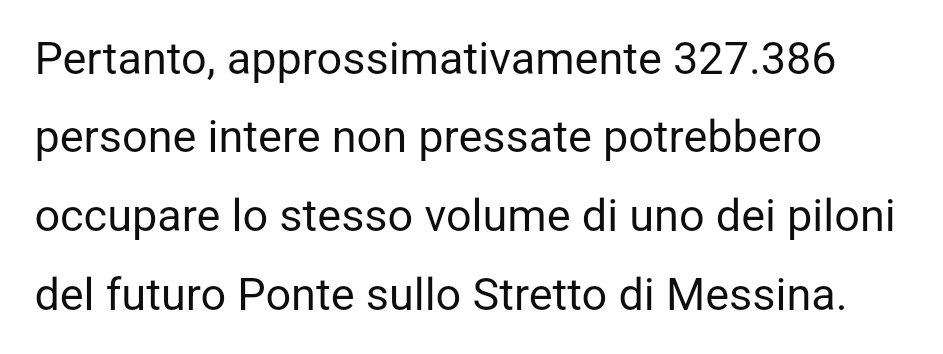ntonepd's tweet photo. @anubi77787292 Ho chiesto a chatgpt quante persone servono (non pressate) per occupare lo stesso volume del cemento per i piloni del futuro ponte di Messina,direi che ci sia spazio per tutti. https://t.co/8BdCpW68BH