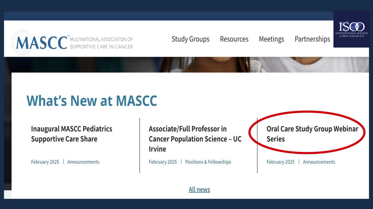 International Society of Oral Oncology (ISOO) (@isooworld) on Twitter photo ISOO Members! Join the Oral Care Study Group Webinar Series for expert discussions in oral oncology.
Next session: March 21, 2025 – Therapies for Immune-Mediated Oral Toxicities
Special thanks to Drs. Sharon Elad & David Dean, <a href="/UR_Med/">UR Medicine</a> & @MASCC_ISOO for organizing! ISOO Members! Join the Oral Care Study Group Webinar Series for expert discussions in oral oncology.
Next session: March 21, 2025 – Therapies for Immune-Mediated Oral Toxicities
Special thanks to Drs. Sharon Elad & David Dean, <a href="/UR_Med/">UR Medicine</a> & @MASCC_ISOO for organizing!