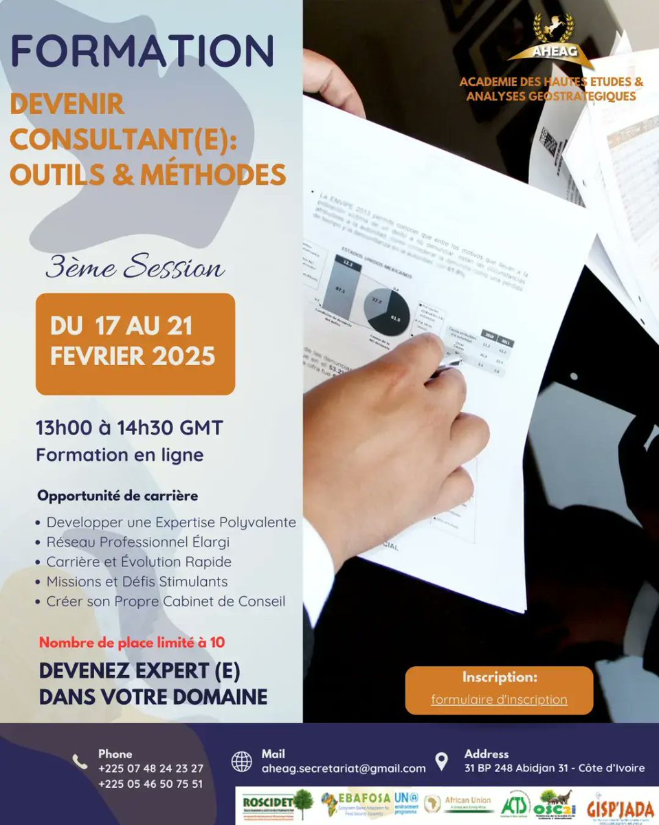 La formation "#Devenir #Consultant.e : Outils &amp; Méthodes" offre une opportunité unique de développer les compétences essentielles pour exceller dans le domaine du #conseil. 
forms.gle/Mc9vVBAGPHA8Sa…
#AHEAG #KodymesGroup #expertise #RCI #Abidjan