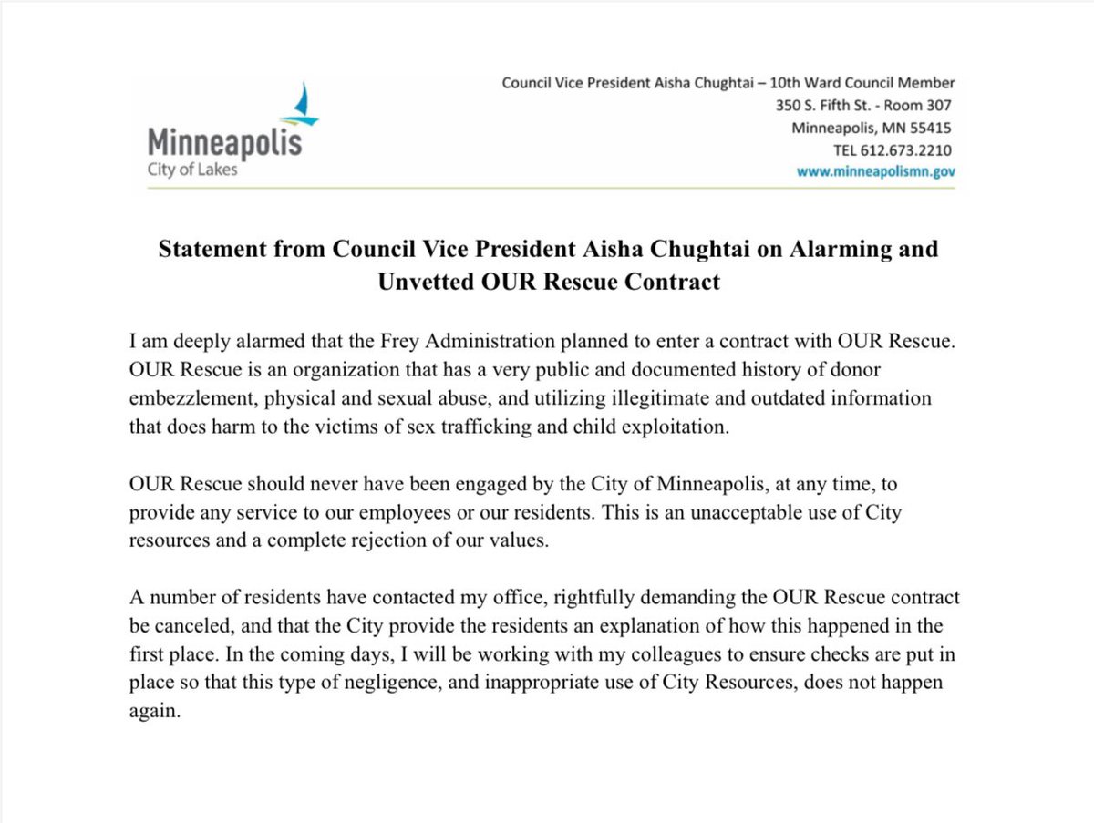 My statement on the alarming and unvetted OUR Rescue contract