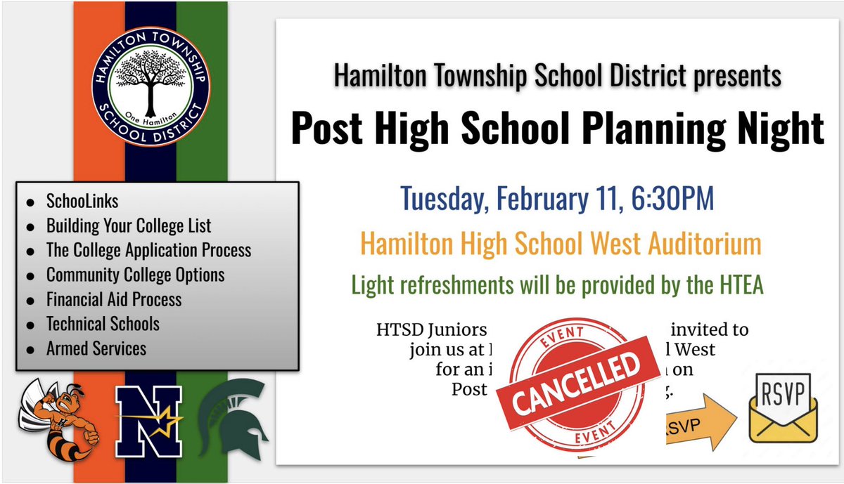 🚨 IMPORTANT UPDATE 🚨

February 11, 2025: Post High School Planning Night CANCELLED due to impending inclement weather forecast.

#HTSD
<a href="/ScottRRocco/">Scott Rocco, Ed.D.</a> <a href="/HTSDSecondary/">Jim Altobello Ed.D.</a> @HTSDCounseling <a href="/HTSD_West/">Hamilton High West -The Hornet Buzz 🐝</a> <a href="/HTSD_Nottingham/">Nottingham High School</a> <a href="/HTSD_Steinert/">Steinert Hamilton High School East</a> <a href="/SpartanSentinel/">The Spartan Sentinel</a> <a href="/LauraGeltch/">Laura Geltch</a> <a href="/HTSDCurriculum/">Hamilton Twp. C&I</a>