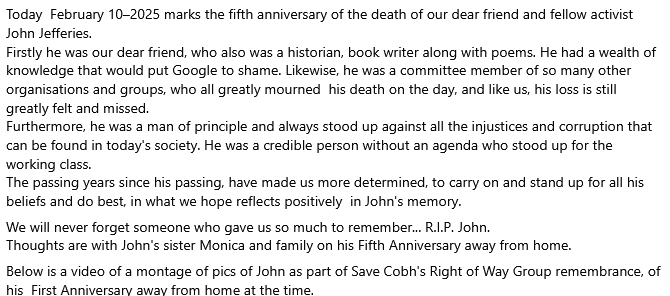 SaveCobh's tweet photo. Today  February 10–2025 marks the fifth anniversary of the death of our dear friend and fellow activist John Jefferies.
We will never forget someone who gave us so much to remember... R.I.P. John.

https://t.co/TWCGN0dwMq https://t.co/8mVDx1JmD9