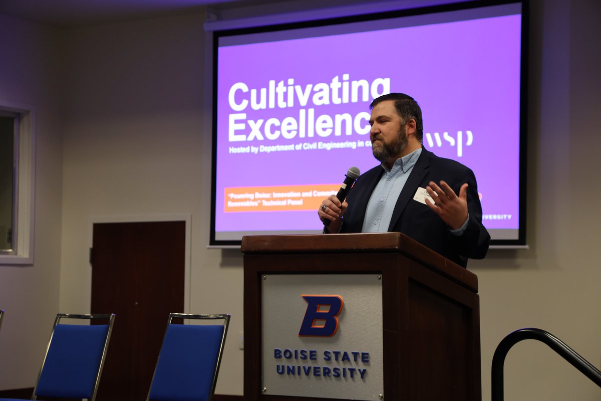 BoiseCivil's tweet photo. Boise's future is powered by clean energy! ⚡️ We hosted a panel along with @WSP_USA on renewables &amp; infrastructure, emphasizing collaboration &amp; interdisciplinary skills for future energy pros #RenewableEnergy #BoiseState #Sustainability #CivilEngineering https://t.co/zUkIKA3zHn