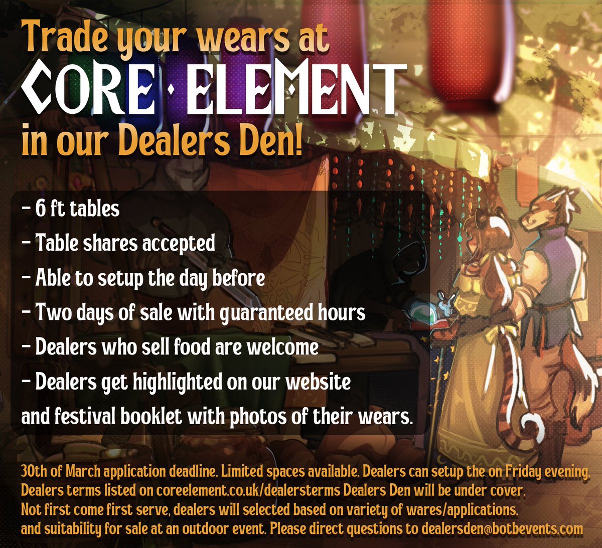 Dealers den? Absolutely!

Dealers may apply for a whole or half a table. Pricing and more details are available within the application page. You need to register first to access the form, registering does not lock you into attending! ^^