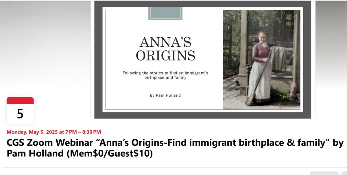 Join us on May 5 from 7:00-8:30pm central for our Zoom Webinar “Anna’s Origins - Following the stories to find an immigrant’s birthplace and family” with Pamela Guye Holland (CGS Member $0 / Guest $10). Registration is required. Details at chicagogenealogy.org/event-5981743 #ChicagoGenSoc