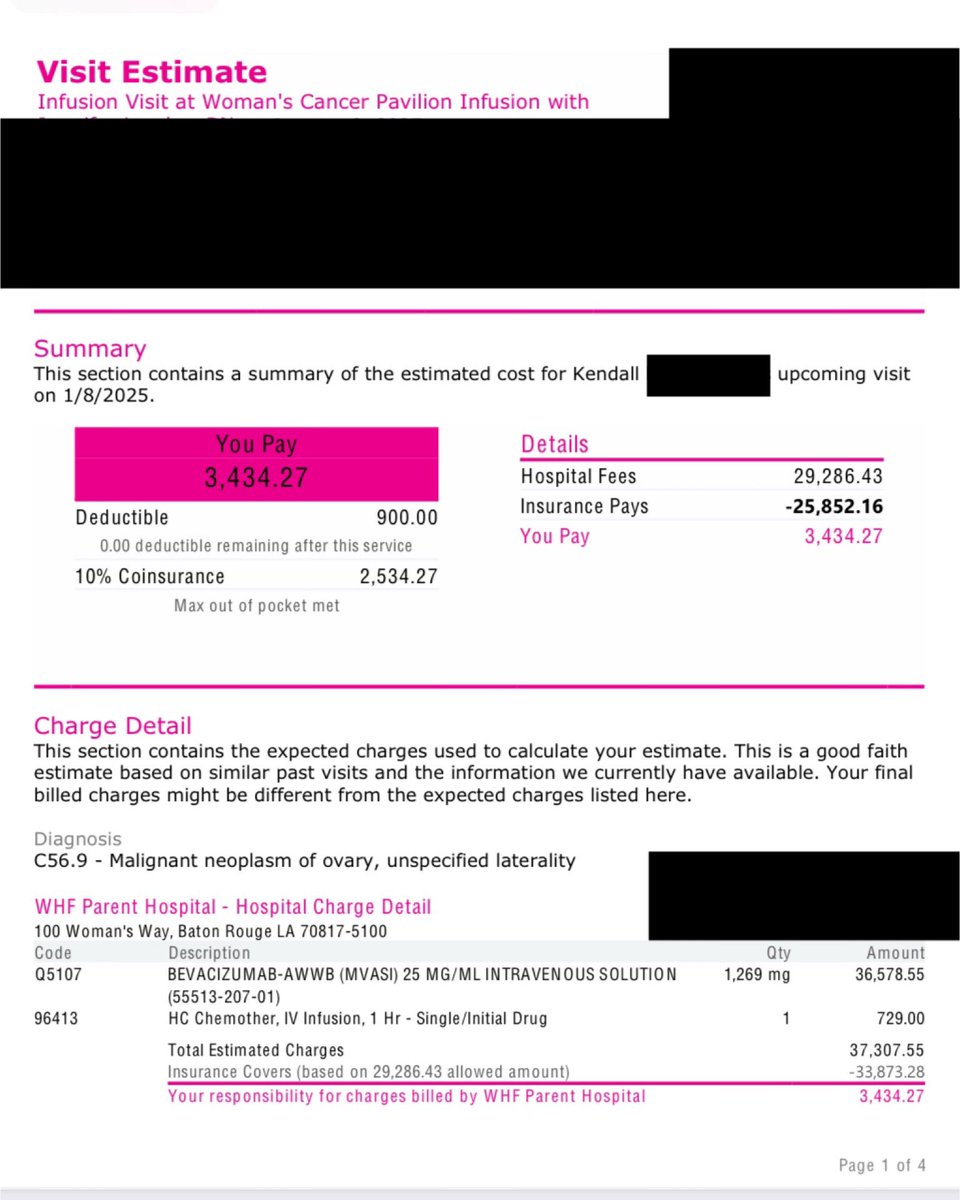 SunsetKitty1's tweet photo. A 45 minuet infusion every 3 weeks should not cost $30,000!! 30k times 17 treatmebts is $510k a year! They want me to do this for 2 years. I met my $5000 out of pocket after 1 treatment. I’m disgusted by big Pharma!! I blocked out my personal information. I want people to understand how much Big Pharma loves taking advantage of cancer patients. 
 - rant over
@elonmusk @RobertKennedyJr @DOGE @realDonaldTrump @DonaldJTrumpJr @KatTimpf @Gutfeldfox @PlanetTyrus @dbongino