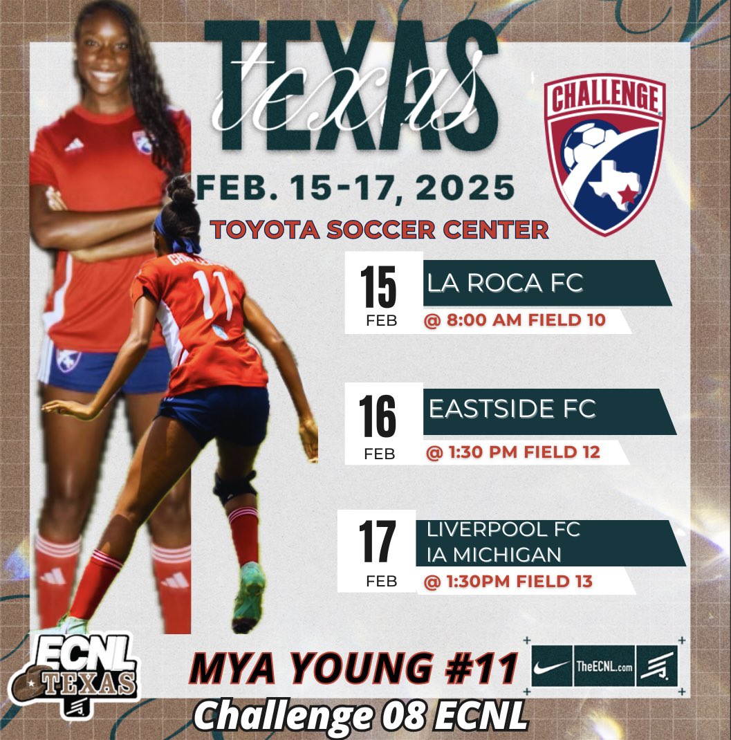 Mya Young (@myayoung_11) on Twitter photo Can’t wait to head to Dallas for the ECNL Texas Showcase with my <a href="/Challenge08ECNL/">Challenge G08 ECNL (U17)</a> team. Coaches come check us out! Can’t wait to head to Dallas for the ECNL Texas Showcase with my <a href="/Challenge08ECNL/">Challenge G08 ECNL (U17)</a> team. Coaches come check us out!