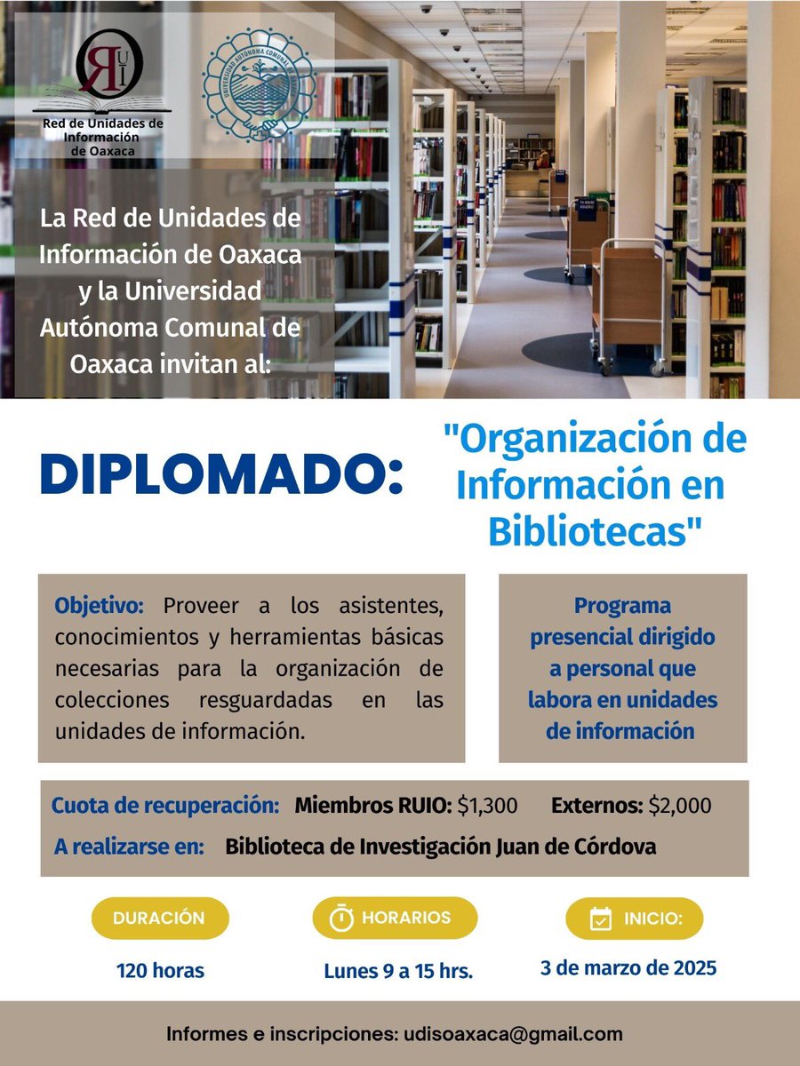 RuiOaxaca's tweet photo. ¡Invitación!
#Diplomado en #OrganizaciónDeInformación. Informes e inscripciones al correo: udisoaxaca@gmail.com https://t.co/G4dM75x4Op