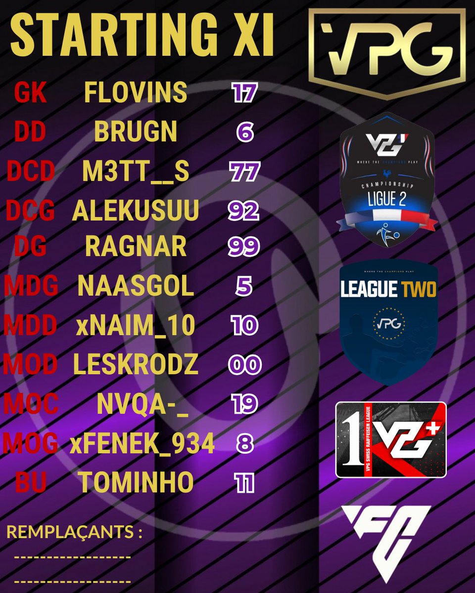 MATCHS DAYS ! ⚽️

📆 10/02

🏆 VPG FRANCE
🏆 VPG EUROPE
🏆VPG SUISSE

🤍 PROGRAMME + COMPOSITION 💜

➡️21h00 : AMICAL 

➡️ 21h20 : SFAM FC 🆚 xWS Asterion🇫🇷 

➡️ 21h45: SFAM FC 🆚 White Bears🇪🇺 

➡️ 22h15 : SFAM FC 🆚 Ramaldense🇪🇺 

➡️ 22h40 : SFAM FC 🆚 Aquilae🇫🇷 

➡️  23h00 :