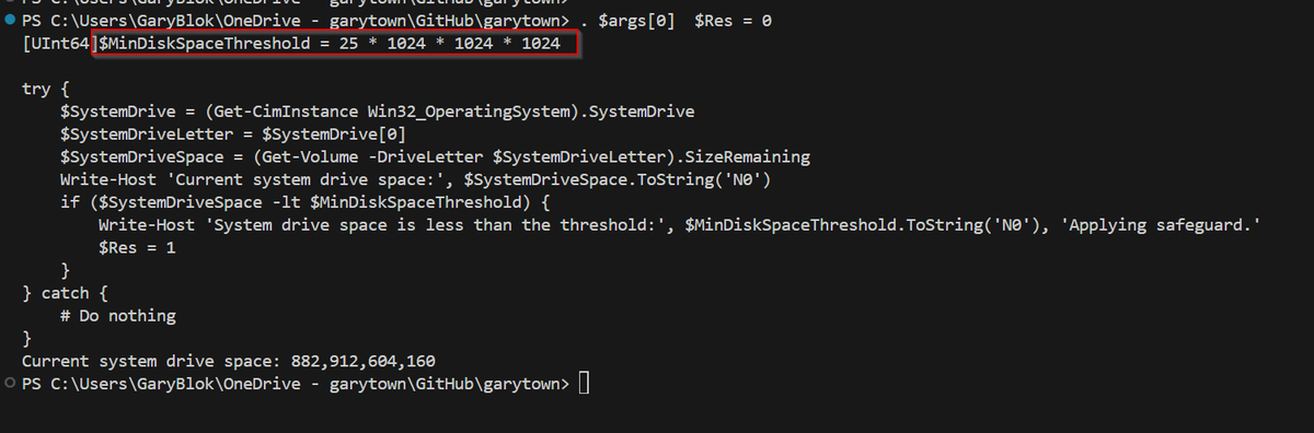 Take note, low disk space is official set to 25GB minimum.  SafeGuardID 56031903

The PS code is provided in the object, so you can copy and paste that into a Baseline / Remediation to report back machines that will fail, and try to do your automated clean up.