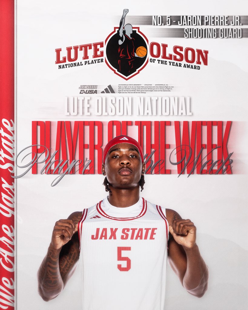 Jax State Basketball (@jaxstatembb) on Twitter photo Thatโs Two for JP โ๏ธ
Jaron Pierre Jr. is your <a href="/ConferenceUSA/">Conference USA</a> and Lute Olson National Player of the Week
#StayCocky ๐ | #FearTheBeak ๐ Thatโs Two for JP โ๏ธ
Jaron Pierre Jr. is your <a href="/ConferenceUSA/">Conference USA</a> and Lute Olson National Player of the Week
#StayCocky ๐ | #FearTheBeak ๐
