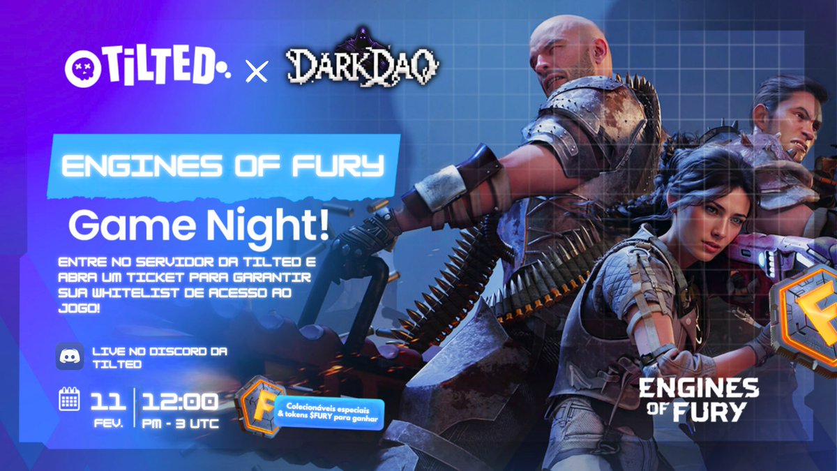 DarkDao (@darkdao1) on Twitter photo <a href="/EnginesOfFury/">Engines of Fury | Public Game Launch OCT 22 🎮</a> x <a href="/tiltedxyz/">Tilted</a> : Game Night! ⚔️🔥
A <a href="/DarkDao1/">DarkDao</a> estará presente no servidor da Tilted para fortalecer a comunidade! 🚀
🎮Jogo: Engines of Fury
📅Data: 11 Fevereiro
🕘Horário: 12:00 PM -3 UTC
🏆Recompensas: Loots exclusivos & tokens $FURY!
🎟️Whitelist Garantida! <a href="/EnginesOfFury/">Engines of Fury | Public Game Launch OCT 22 🎮</a> x <a href="/tiltedxyz/">Tilted</a> : Game Night! ⚔️🔥
A <a href="/DarkDao1/">DarkDao</a> estará presente no servidor da Tilted para fortalecer a comunidade! 🚀
🎮Jogo: Engines of Fury
📅Data: 11 Fevereiro
🕘Horário: 12:00 PM -3 UTC
🏆Recompensas: Loots exclusivos & tokens $FURY!
🎟️Whitelist Garantida!