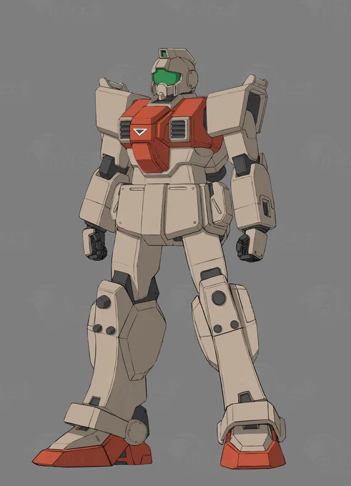 週刊日羽インダストリィ(二度刺す)「陸戦型ジム」通称「陸ジム」形式番号はRGM-79[G]でRGM-79G ジム・コマンドとは別先行(試作)量産型と呼ばれるジムのひとつで、前期生産型の前期型(RGM-79A)とも別外観がほぼ同一の宇宙用も存在するらしく、それは初期型ジム(RGM-79E)とも別(資料による) 