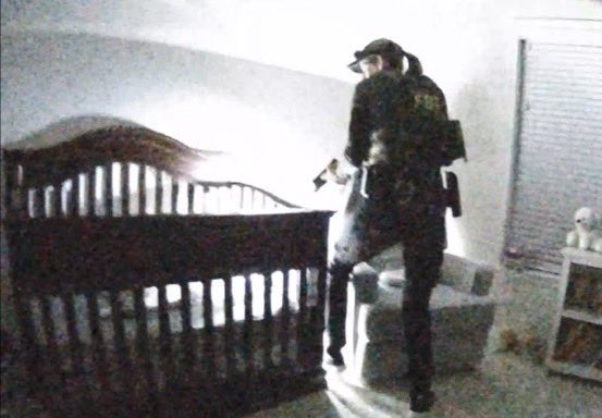 EndWokeness's tweet image. FBI agent. Pointing a gun. Loaded. At a baby in a crib. During a raid against a nonviolent January 6th protestor.