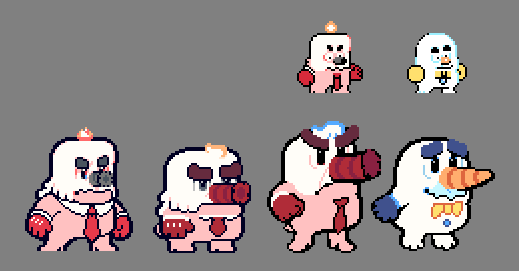slugsoft's tweet image. sprite design progression for chromahertz, with nowhere patrol (2018) on the top
