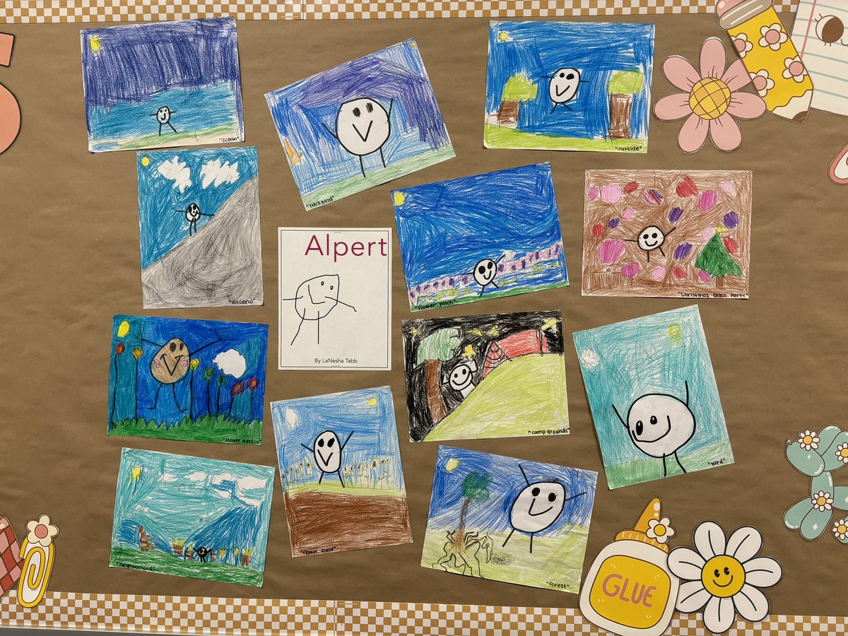 I love this wonderful artwork created by Kindergarteners as they learned the importance of adding settings to their pictures after reading Alpert.