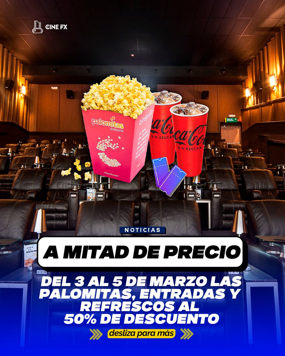 TODO A MITAD DE PRECIO🍿

Cinepolis acaba de anunciar que del 3 al 5 de marzo de 2025 tendrán dulcería y entradas al 50% de descuento, esto con motivo de la fiesta Cinepolis

Incluye estradas al cine para cualquier formato, palomitas de mantequilla y refresco de todos los tamaños