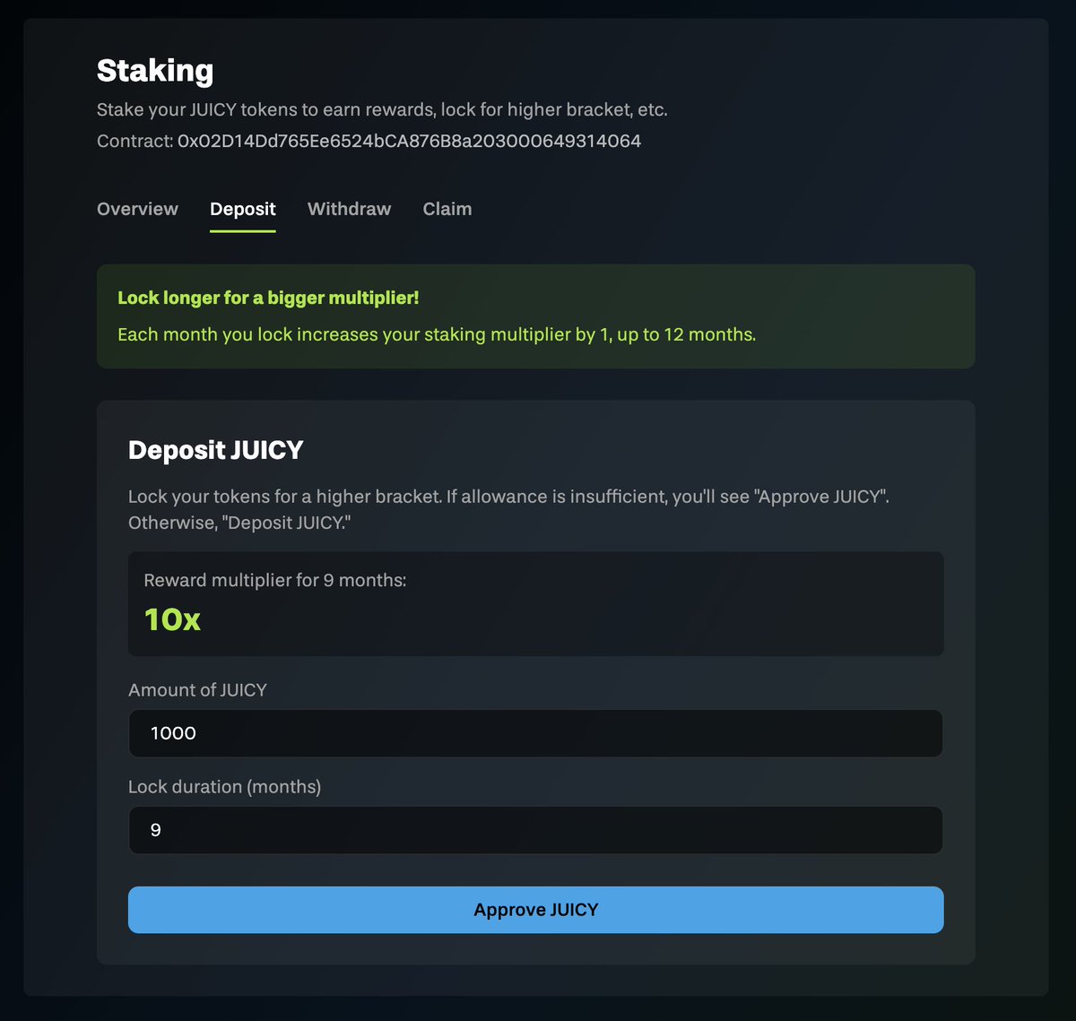 $JUICY staking is completely built. Doing some final testing tonight. 

Unless I find something else to change, we will go live tomorrow.

So far, testing is smooooth