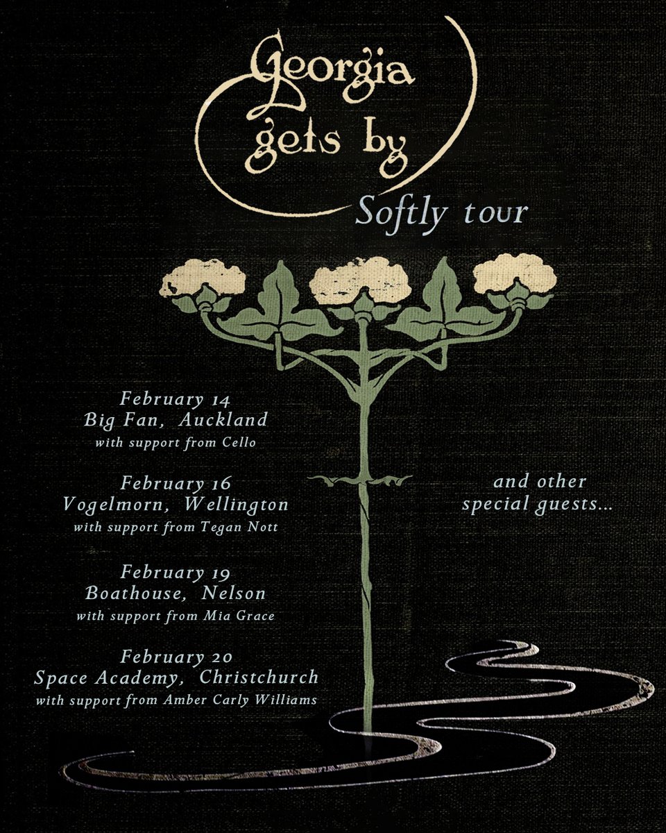 Thrilled to announce the supports for the GGB Softly Tour 🦋🦋🦋

Welcoming Cello  to the Tāmaki/Auckland show
Tegan Nott to the Pōneke/Wellington show
Mia Grace to the Nelson show
And Amber Carly Williams to the Christchurch show
💙💙
Get your tix: georgiagetsby.com/tour